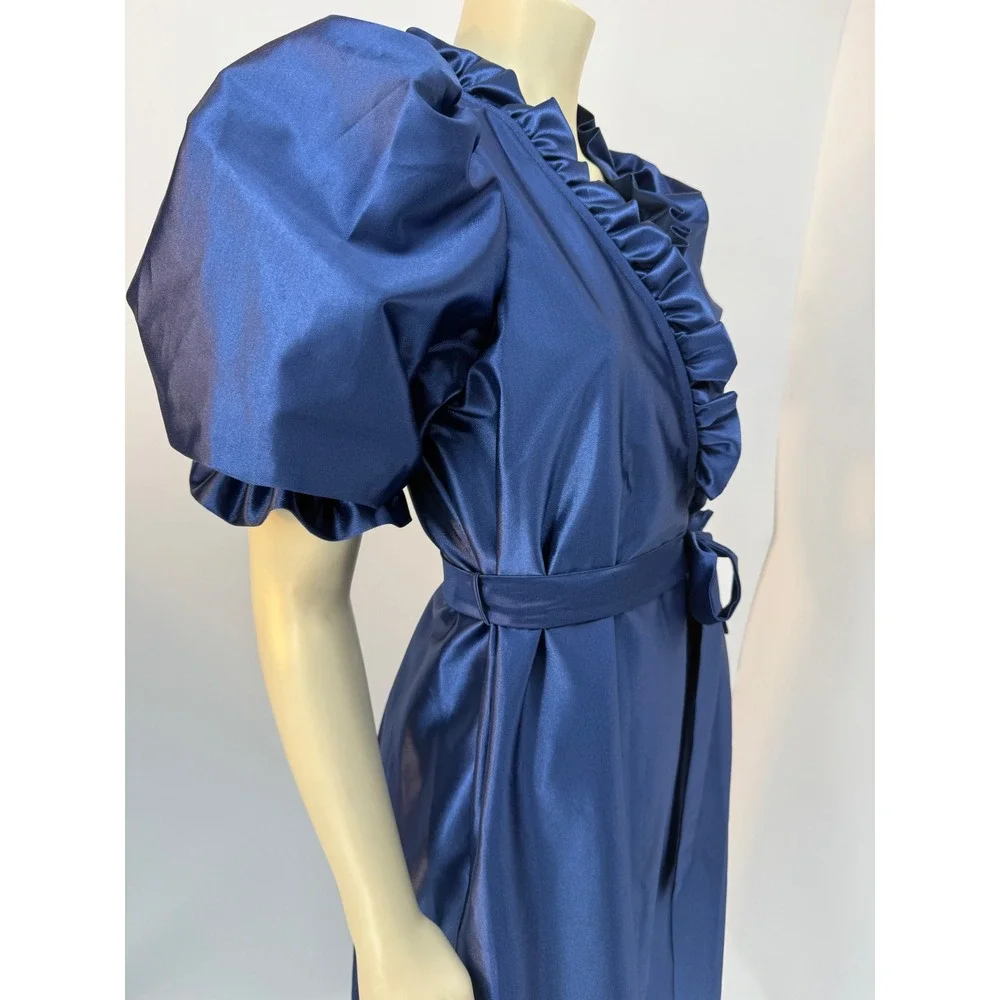 Vintage Puff‎ Sleeve Satin Robe Royal Blue Ruffle Neck Tie Waist Maxi Wrap M/L
